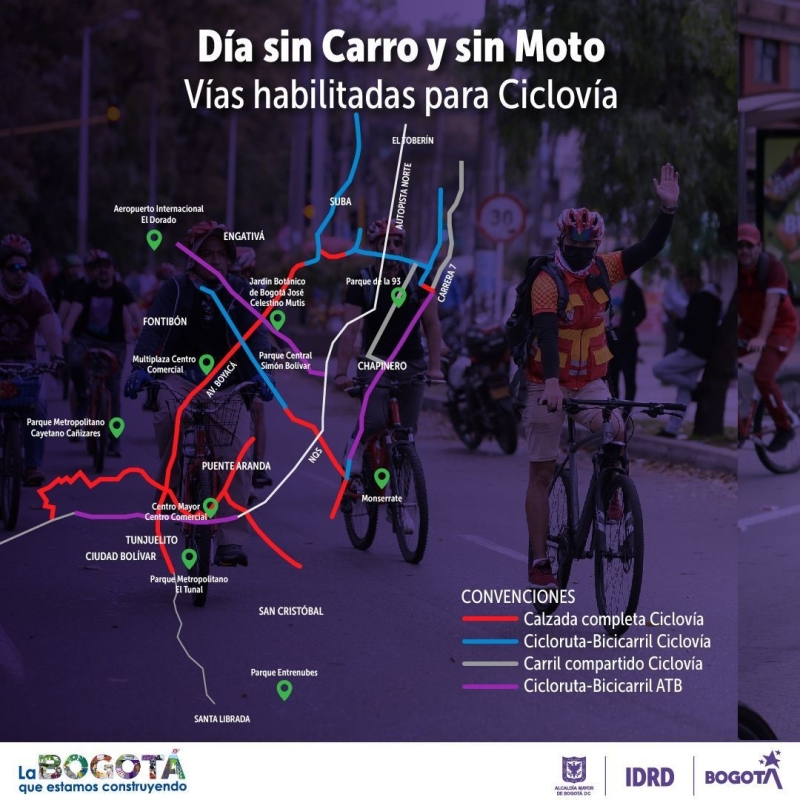 Mapa de vías habilitadas para la Ciclovía en el día sin carro y sin moto