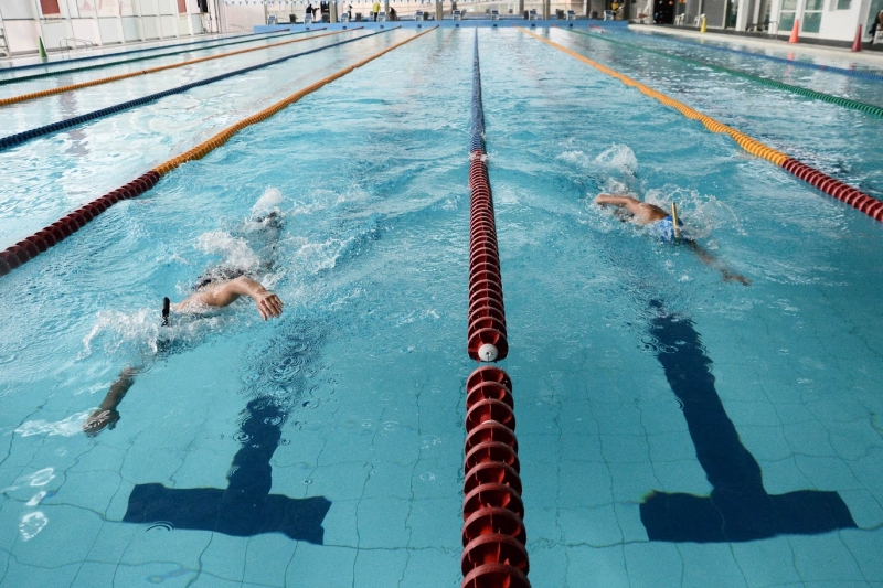 Dos nadadores en una piscina olímpica